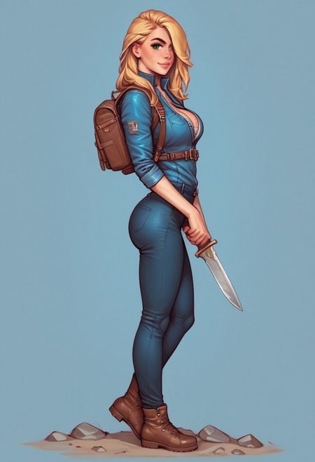 1girl, illustration, looking at viewer, highly detailed, skinny, looking at viewer, 1girl, masterpiece, best quality, ((((side view)))), <lora:Evie_Frye_pxl:1> source_photo, source_real, 1girl, solo, long hair, breasts, looking at viewer,  blonde_hair, cleavage, closed mouth, green eyes, adventuress armor, backpack, lips, eyelashes, portrait, leather, freckles, realistic,, dynamic pose
BREAK
slight smile, long hair, blonde hair, hair over one eye, big hair, green eyes,
BREAK
best quality, depth of field, bokeh, (hunting knife in hand:1.3), (((full clothed)))
BREAK 
((stones and rocks, blue sky background)), score_9, score_8_up, score_7_up, score_6_up, source_cartoon, rating_explicit, Expressiveh, ((((full body))))), dynamic pose,