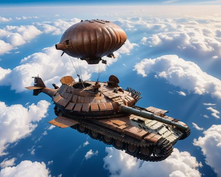 a blimp in the shape of a ((vtnktnk tank):1.0) high in the sky, dslr, 8k, beautiful, (perfect faces), hyper realistic <lora:vtnktnk_SDXL_v1_32-000015:1>