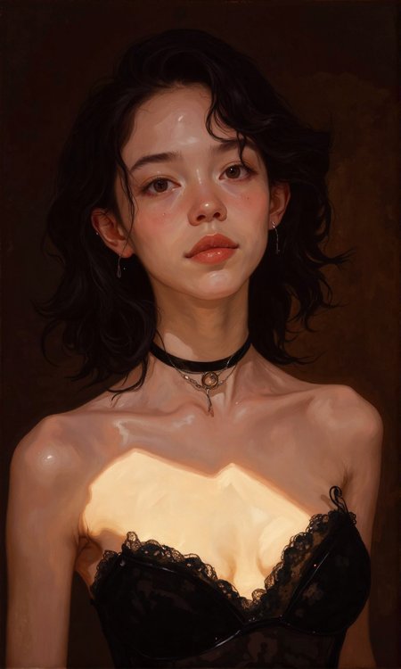 Close-up of a woman. 
The woman has a light complexion and dark brown, wavy hair that falls around her shoulders.  Her gaze is directed slightly toward the viewer, and her expression is neutral, neither smiling nor frowning. Her lips are a soft, natural pink. 
She is wearing a black choker-style necklace, and a black lacy strapless bra. The bra is prominent in the image, accentuating her upper body. The lighting is focused on her face and upper body, creating a soft, subtle highlight that emphasizes her features and skin texture.
The background is a dark, muted brown, which serves to draw the viewer's attention to the woman in the foreground. The background blur is significant and smooth to bring emphasis to the model., <lora:FLUX-daubrez-DB4RZ-v2:1> DB4RZ, DB4RZ style painting