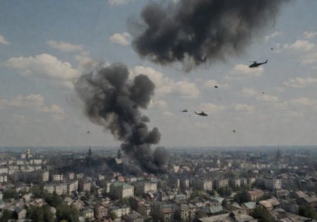 <lora:Smoke_XL:1>, middle shot, modern Ukrainian bombed out city with churches, helicopters overhead,  in the form of smoke_xl