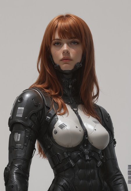 safe_pos, mcnm, 1girl, upper body, freckles, long hair, bangs,

medium breasts, 

mech suit, armor, synthetic, leather straps, nylon, tactical, barcode, unzipped,

simple background,

score_8, score_9_up,