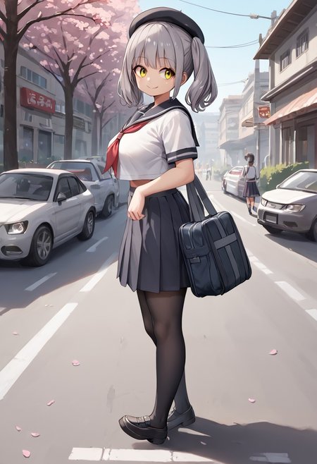 score_9, score_8_up, score_7_up, BREAK source_anime, multiple girls walking on the street, belorta, gray hair, twintails, shorthair, yellow eyes, big breast, 
school uniform, sailor fuku, beret, school bag, wearing school bag, smile, walking, school background, street, cherry blossom, looking away, from side view, cars, garbage truck,