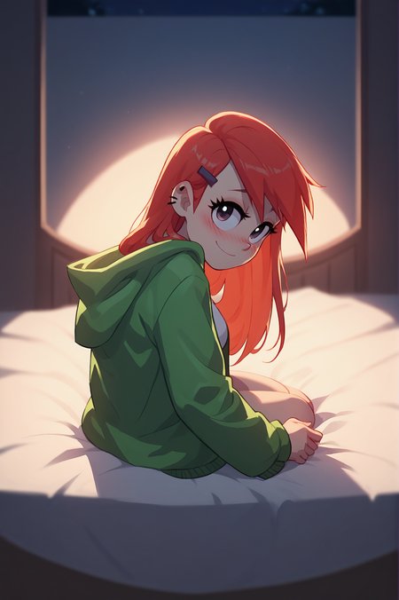 score_9,score_8_up,score_7_up, FrankieFoster, solo, long hair, open hair, full body, sitting on end of bed, looking at viewer, shy smile, depth of field, blushing, beautiful, green jacket, green hoodie, head tilt, night, dimly lit, romantic,<lora:FrankieFoster-09:1>