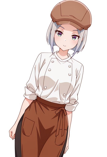 masterpiece,high quality details,absurdres, 
 <lora:Nishidera_Nene:0.8>
nene_cnr, 1girl, grey hair, short hair, 
nene_s2,cabbie hat, white shirt,brown waist apron, brown skirt,sleeves rolled up,black pants, buttons,, simple background, white background, dynamic angle,solo,, :>=,