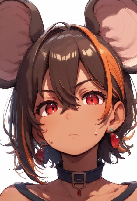 PonyScores7, source_anime, hi res, masterpiece, best quality, highres, Majo_PS, animal ears, brown hair, white background, simple background, 1girl, looking at viewer, red eyes, collar, collarbone, hair between eyes, jewelry, portrait, short hair, sweatdrop, closed mouth, ear piercing, mouse ears, dark skin, multicolored hair, bare shoulders, earrings