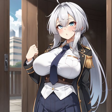 score_9, score_8_up, score_7_up, score_6_up, score_5_up, score_4_up, source_anime, anime screencap, masterpiece, insanely detailed, detailed background, zPDXL3, break, tnsrk612style, 1girl,solo,blue eyes,long hair,low ponytail,silver hair,big breasts