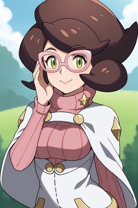 score_9, score_8_up, score_7_up, source anime, anime, animification, anime screencap, anime coloring, vivid colors, shiny skin, skindentation, deep skin, depth of field, high quality, highres, (dynamic angle,dynamic pose)
wicke \(pokemon\), 1girl, solo, looking at viewer, smile, short hair, brown hair, long sleeves, closed mouth, green eyes, upper body, glasses, hand up, sweater, capelet, buttons, turtleneck, ribbed sweater, turtleneck sweater, white coat, adjusting eyewear, big hair, pink sweater, pink-framed eyewear
BREAK
masterpiece,high quality
 <lora:Wicke_PokemonPony:0.8>