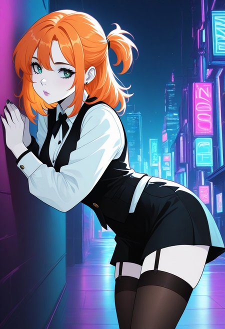 1girl, orange hair, white shirt with buttons, jacket, vest, stockings, leaning against wall, CatGirlNeonStyle, pale skin, neon background, night, noir