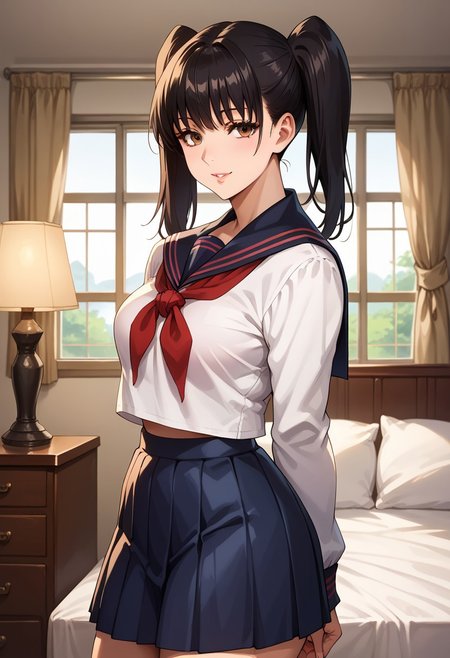 anime artwork, score_9, score_8_up, score_7_up, score_6_up, score_5_up, solo, 20 year old, perfect beautiful face, long eyelashes, (bedroom), medium breasts, wide hips, hips,,1 girl, tall female, black hair, bangs, twintails, brown eyes, serafuku, blue skirt, pleated skirt, looking at the viewer, side view, smile