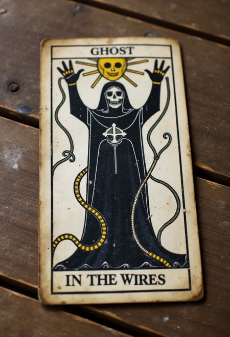 11th-style, parchment drawing tarot card of a black ghost, worn, laying on an old wooden table, rough, Tarot card titled "The Ghost in the Wires"