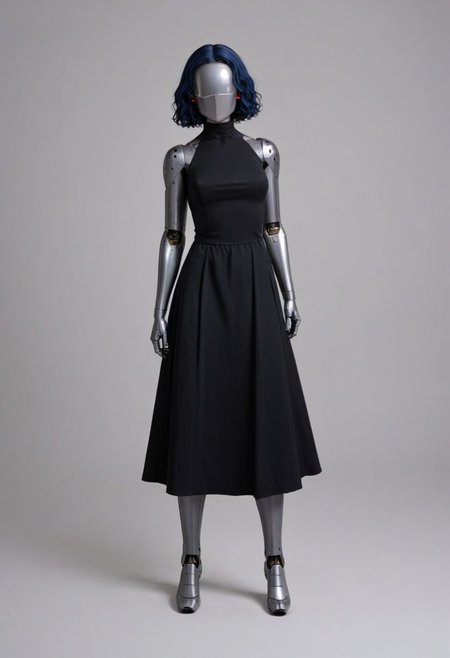 solo, A 35mm full length photo of  a beautiful 20 year old woman, she is a humanoid robot , robotic body, freckles, smooth featureless grey robotic skin, robotic aerials, metallic dark blue hair, wearing a black gothic dress in the style of wednesday adams, standing in a cemetery , robotic face with minimal features
mannequin, faceless, egghead, TheFaceLess