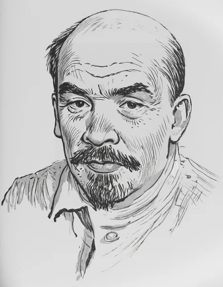 <lora:mig3:1>, reate a detailed and expressive black-and-white portrait of a man in the style of Vladimir MÐ¸Ð³ÑÐ½ov, the Soviet children's book illustrator. The portrait should feature soft, flowing lines and subtle textures, with an emphasis on capturing the characterâs personality and emotions. Use delicate cross-hatching and fine stippling techniques to create depth and shading, while keeping the overall aesthetic simple and elegant. The man should have a kind, wise, and approachable expression, with attention to his facial features, such as gentle eyes, a thoughtful smile, and a slightly rounded, friendly face shape. Avoid heavy contrasts or harsh details; instead, focus on creating a warm, nostalgic atmosphere reminiscent of mid-20th-century illustrations. Ensure the composition feels timeless and evokes a sense of quiet storytelling, <lora:lenin:1>, LENIN