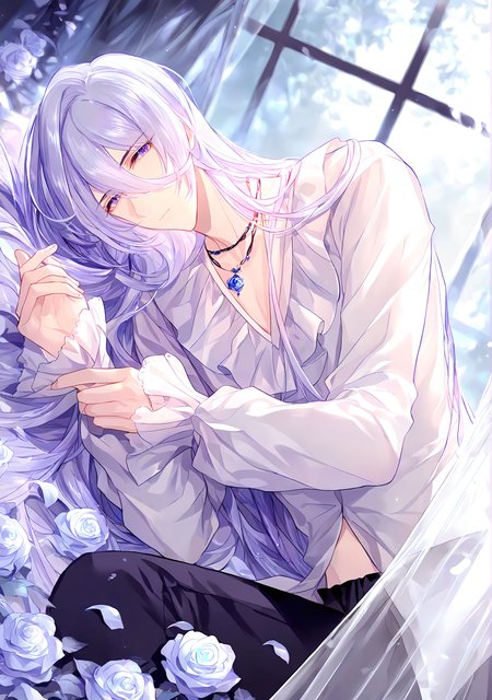 masterpiece,best quality,<lora:fat-noob05:1>,
lovebrush chronicles, cael anselm, 1boy, male focus, long hair, solo, flower, jewelry, shirt, bishounen, necklace, white shirt, lying, purple eyes, looking at viewer, on side, long sleeves, curtains, hair between eyes, petals, window, rose, bangs, blue eyes, frills, closed mouth, white hair, very long hair, black pants, pants, white flower