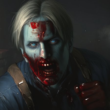 masterpiece,good quality,best quality,newest,absurdres,highres,<lora:re2r_zombie_illustrious_1037223:1>,realistic,1boy,solo,leon s. kennedy,zombie,[pale blue|green] skin,blood on face,face,aligned teeth,