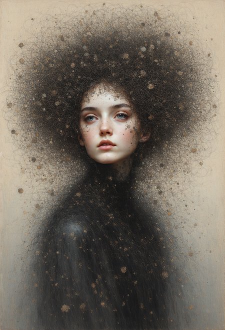 romanticism art by Jean-Léon Gérôme and Conrad Roset, Painting, singularity black rivers ripple their banks in the depth-spanning evocative form of this pullarist and whimsical creation: one with an intelligent figure who radiatest passion and intelligence. She wearstrupted into her impressionist physique to decipher what she wants out. She moves confidently across all shapes and sizes crafted from high fiber, carrying through a swirly energy network in which they are filled with complex parts. It is both terrifying for viewers and captivating melancholic. , luxurious sharp focus, intense, dynamic cinematic color, intricate detail, best, located artistic, Fashion and art,elegant and sophisticated, innovative use of light and shadow, capturing the glamour of mid-20th century fashion, Art Nouveau, decorative, allegorical, symbolic
