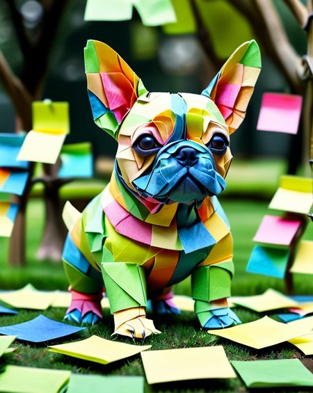 a colorful french bulldog puppy made out of Jed-StickyN, dynamic pose, dynamic angle, intricate details, ultra wide shot, zoomed out, shallow depth of field,
<lora:StickyNotesStyle:1>,  <lora:add-detail-xl:0.5>,  <lora:sd_xl_dpo_lora_v1:1>, set in a green dog park made of paper,  <lora:TQ_-_Fairy_Tale_Origami_Paintings:0.7>