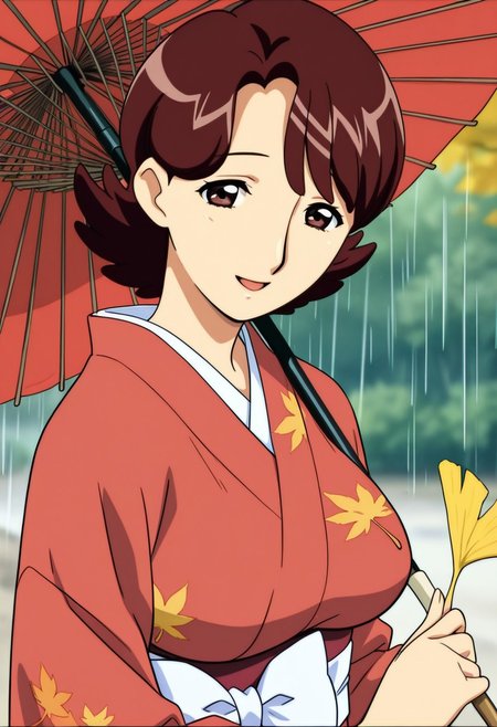 best quality, masterpiece, anime screencap, anime coloring, ultra detailed, source_anime, intricate details, perfect anatomy, 1girl, solo, looking at viewer,
harukaze haruka, brown hair, short hair, flipped hair, bangs, parted bangs, brown eyes, breasts, large breasts, mature female,
oil-paper umbrella, umbrella, holding umbrella, parasol, red umbrella, leaf, maple leaf, autumn leaves, holding leaf, falling leaves, japanese clothes, solo, autumn, kimono, bow, white bow, rain, holding, smile, sash, beach umbrella, transparent, obi, upper body, open mouth, ginkgo leaf, leaf umbrella, brown eyes, leaf print, looking at viewer, wide sleeves, blurry, long sleeves,