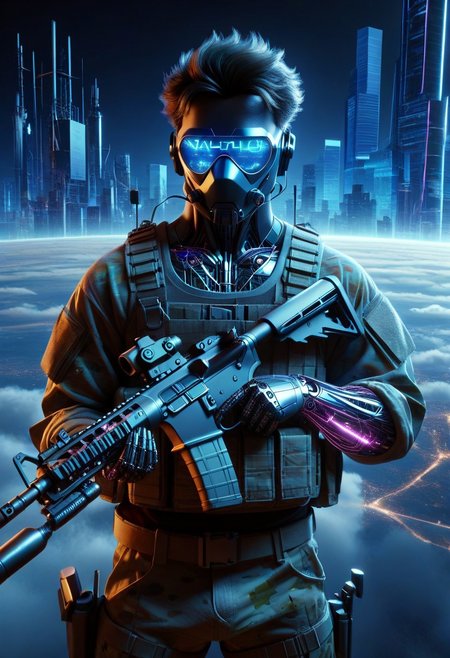 score_9, score_8_up, score_7_up, score_6_up, score_5_up, score_4_up, masterpiece, trending on artstation, high quality, Pixel-perfect precision, pristine detail, 8K resolution, high fidelity, Insane quality, <lora:Holding_Weapon_Lora_-_For_Pony_models:1> ho1ding-weap0n, 1boy, holding rifle, military, standing, wearing tank top, cyberpunk
