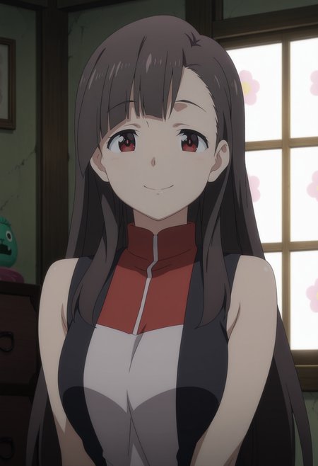 1girl,solo,mm,mature female,long hair,brown hair,red eyes,bangs,anime coloring,
sleeveless,upper body, looking at viewer, smile,indoors
,masterpiece,best quality,amazing quality,<lora:Yuiyui-Konosuba_ix:0.8>