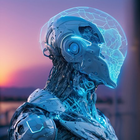 Image is a vertical, high-resolution digital artwork featuring a futuristic humanoid robot. The robot is depicted in a side profile, showcasing intricate mechanical details and a sleek, metallic exterior. The head is adorned with glowing blue lines and patterns, giving it a high-tech appearance. The robot's arm is semi-transparent, revealing a network of illuminated circuits and components that emit a soft blue light. The background is blurred, suggesting an outdoor setting with a soft, warm light, possibly during sunset. The overall aesthetic is highly advanced and cybernetic, emphasizing the blend of technology and artificial intelligence.