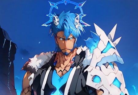 Cast_Q, Casual_Q _Jacket, Casual_Q male, blue short wild hair, goatee, serious, muscular, anime, cyberpunk, blue mechanical eyes, Bara(may be needed), ((cowboy shot)), strong facial features, scruffy beard, blue hair, short wild hair, bleach_tybw_style, glowing crown:0.7, ({blue} light):1.6, full body, score_9, score_8_up, score_7_up, score_6_up, concept art score_9,score_8_up,score_7_up,score_6_up,((hollowfication)),blue theme,