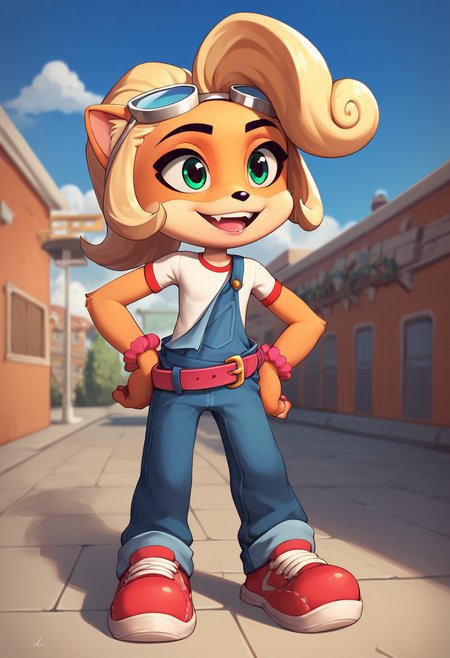 PonyXLV6_Scores,source_anime,masterpiece,best quality, highly detailed, perfect anatomy,amazing quality,
BREAK
 <lora:coco:0.8>coco, smile, furry, solo, sky, shoes, teeth, open mouth, day, blue sky, outdoors, belt, green eyes, happy, eyewear on head, standing, blonde hair, pants, 1boy, cloud, animal ears, red footwear, shirt, full body, overalls, sneakers, male focus, animal nose, holding, body fur, two-tone fur, furry female, short hair