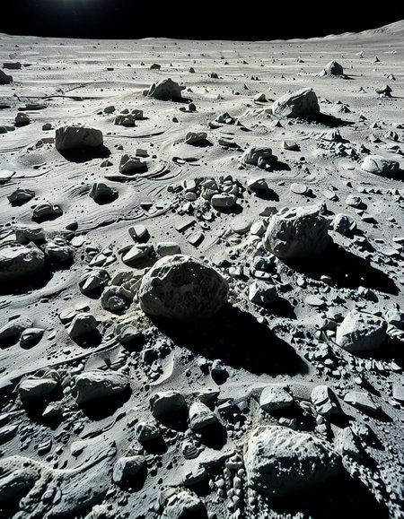 A high-resolution photograph of the Moon's surface, showcasing its rocky, cratered terrain with fine lunar dust. The foreground is dominated by detailed lunar regolith, with small rocks and uneven textures illuminated by the harsh, direct sunlight. Shadows are sharp and deep due to the lack of atmosphere. In the background, Earth appears as a vibrant blue and white sphere, partially illuminated, contrasting against the blackness of space. The composition is balanced, with Earth positioned slightly off-center to create a sense of depth and scale. The lighting is natural, with the Sun casting a bright glow on the lunar surface while leaving some areas in darkness, emphasizing the stark and desolate beauty of the Moon.
<lora:SDXLFaeTastic2400:0.4> <lora:extremely_detailed:0.4> extremely detailed, <lora:moon_surf4c3_v2:1>,moon surf4c3, Masterpiece,best quality,hi res,8k,hi res,8k,award winning,(sharp focus, intricate, highly detailed),