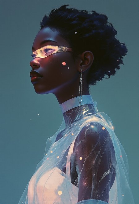 (High Quality, highly detailed, hyper realistic, 8K, masterpiece, Leica M11, 50mm f/1.2 lens, cinematic lighting, natural bokeh) A high-resolution photograph featuring a stylized, minimalist portrait of a person with dark skin. The subject’s face is obscured by a thin, transparent, and intricate lace-like material that extends from the forehead to the chin, producing a glowing veil effect. Their hair is slicked back and dark, closely merging with a deep charcoal gray background. The glow of the veil subtly outlines the contours of the head, creating soft contrast. The subject’s body is also enveloped in the same ethereal material, which cascades over the shoulders and chest, forming an abstract, armor-like configuration. The material, a luminous shade of pale cyan, displays a web-like mesh of delicate interwoven filaments. It’s translucent, revealing the shape and tension of the upper torso beneath. The light appears to emanate softly from the material itself, casting a gentle ambient glow across the collarbones and edges of the garment. The image is framed as a centered medium close-up, emphasizing the interplay of texture and light. The background remains solid, dark gray, reinforcing the luminous presence of the subject. The color palette is restricted to muted monochromes with highlights of pale cyan. The mood is futuristic and enigmatic.