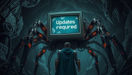 (low angle, image by Julie Bell,32k, ultra sharp,masterpiece:1.2),(high detailed:1.1),(high quality:1.3),(ultra high res:1.2), (a spider robot with a broken computer monitor for a head with a cracked screen, 8-bit text on the monitor reads "Updates required":1.2). Background is a deep and foreboding cave with a massive mechanical monster made of old computer parts, wires, cables, glowing vacuum tubes. Foreground has a lone hero with their back to the viewer. (A lone figure wearing armor and blue cape ready to fight). mood is grim, dark, and foreboding,