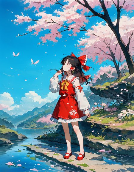 score_9,score_8_up,score_7_up,score_6_up,anime,
1girl,hakurei_reimu,soft skin,detailed face,detailed body,long eyelashes,detached_sleeves,hoop_earrings,single_earring,frilled_sleeves,(mary_janes shose:1.2),
(tiptoes:1.3),(she looking up:1.3),(hand up to reach the branch:1.4),spider_lily,wriggle_nightbug,sky,ripples,
standing on a stone in the center of the water surface,(landscape:0.8),<lora:naiathomeaug25v2:0.6>,<lora:Pony_XL_TYGS_Ink_Anime_Art_Style:0.7>,