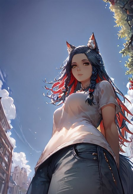 1girl, texas (arknights), female, young, wolf girl, wolf tail, wolf ears, animal ear fluff, amber eyes, multicolored hair, black hair, red inner hair, busty petite, t-shirt, denim pants, (petite body:1.4), happy, looking at viewer, park, laying against a tree, taut clothing, headshot, extremely tight shirt, inviting expression, side view, jeweled necklace, dutch angle, dark eyeliner, summer colors, cornrow braids, head turned, (low-angle view:1.4), hands behind back, score_9, score_8_up, score_7_up, (masterpiece, best quality, very aesthetic, ultra detailed), intricate details, beautiful face, detailed eyes, detailed background, granblue_fantasy_style_xl, expressiveh, light from above