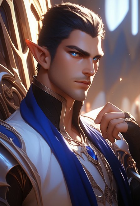 score_9, score_8_up, score_7_up, detailed, The image is a close-up portrait of a male elf with blue eyes, prince, throne room, fantasy,