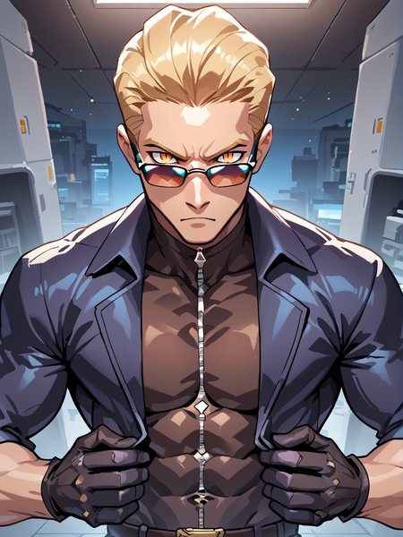 PonyScores7, source_anime, ah1, best quality, (masterpiece:1.4), (high quality:1.4), sharp focus, 4k, absurd resolution, <lora:albertwesker-guy-PONYv1:0.8> albertwesker, albert wesker, 1boy, blonde, black gloves, (sunglasses:1.3), belt, pants, black coat, black pants, looking at viewer, toned, athletic, fit, slicked back hair, black turtleneck, zipper, mature male, (graphene textured clothes), black boots,(Cybernetics Clinic, Sterile white room with rows of surgical beds, monitors displaying complex data streams, shelves stocked with cybernetic implants, technicians in lab coats bustling about, the faint whir of machinery in the background), bad-hands-5, ((Despondent, A face that reveals a sense of hopelessness and despair expression)), <lora:xl_more_art-full_v1:0.2>, <lora:shinyskin2:0.2> glistening skin, <lora:aesthetic_anime_v1s:0.2>, <lora:Expressive_H:0.2> Expressiveh, <lora:hairdetailpxl:0.2> hairdetailpxl, <lora:detailxl:0.2> detailxl, (Bokeh Effect shot), (focused, intense glare), slit pupils, short hair, (reddish orange eyes), best quality, amazing quality, best aesthetic, absurdres, <lora:expressive eyes:0.2> expressive eyes, <lora:eyedetailpxl:0.2> eyedetailpxl, illustration, Volumetric_Lighting, ultra-detailed, very aesthetic, intricate details, 8k, masterpiece, best_quality, (angular face, sharp_featured face), (educator, spreading knowledge with a passion for teaching and a wealth of information devoted and committed to enlightening others)
