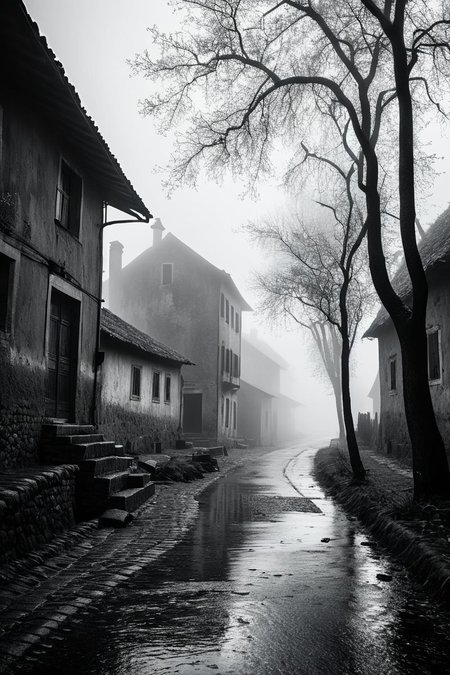 (((a dense, enchanted fog rolling through the streets of an old, forgotten village.))), High Contrast Monochrome, Timeless Elegance: dramatic lighting, black and white, sharp focus, classic ambiance, vintage elements, bold contrasts, elegant textures, timeless look, moody atmosphere, sophisticated aesthetics, capturing emotions, intense scenes, professional technique, striking visuals, storytelling through shadows, creative concept, stylish approach, classic styling, refined environment, surreal visuals, captivating narrative, intricate details, iconic scenes, editorial storytelling, professional lighting, creating visual impact, evoking drama, pushing creative boundaries <lora:add-detail-xl:2> <lora:Cosine_freck:1>