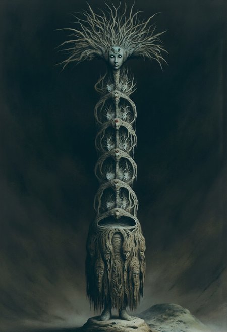 aidmaMJ6.1, Made out of paper, a PaperStyle , d4artstyle, d4concept, , d00mstyle, made of clay, ZBClay model of a gray sculpture AmanoER 
a towering, tribal-inspired creature with a segmented, totem-like body composed of stacked, woven basket-like forms, each segment housing a miniature humanoid torso with outstretched, grasping arms. At the top, the creature's head is crowned with wild, spiky hair that radiates outward, surrounding a mask-like face with large, haunting eyes and an exaggerated expression, as if frozen in a state of ritualistic intensity. The lower body is draped in a skirt made from tangled, fibrous grasses, embellished with carved heads bearing anguished expressions, symbolizing trapped spirits or ancestral souls. The creature stands in a dark, misty environment, its elongated form and wild appearance evoking ancient, shamanistic rites. Emphasize the chaotic, spiky hair, the woven body segments, and the intricate, ceremonial elements of its attire.
Background solid color with a faded dimly lit, fog-covered darkness tone that emphasizes its silhouette. The medium is not a traditional painting or illustrative medium like watercolor or ink but rather a digital rendering, eerie and unsettling.