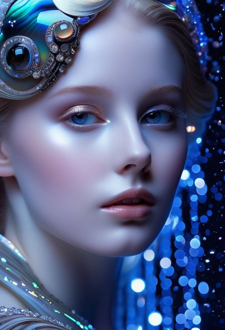 highest esthetic score, photo of a exquisitely beautiful pale skin  european 1girl, 20yo, modern implementation of sci-fi  "botichhelli The Birth of Venus" fantastic epic masterpiece, starlight falls on beautiful young face. Depth of field, insane details:1.4,  ultra detailed, absurdres, 1:280f Zeiss lens, long aperture, abalone shell, fiery opal, platinum, obsidian, dreamlike,