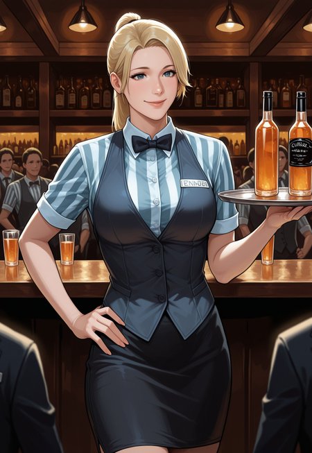 masterpiece, best quality, detailed, realistic, cowboy shot, smile, 1girl, solo focus, Cindreo, blonde hair, ponytail, striped shirt, vest, skirt, bowtie, name tag, bar, at night, bottles, people, hand on hip, holding tray, drinks,