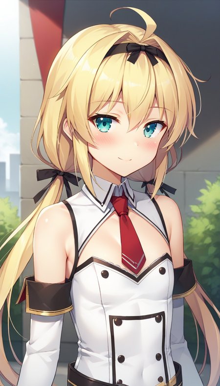 score_9,score_8_up,masterpiece,best quality,correct anatomy,anime_source,1girl,solo,perfect eyes,perfect arms,perfect legs,perfect face,outdoors,upper body,(portrait:1.5),looking at viewer,facing viewer,smile,blush,Sara Tiffal,ahoge,very long hair,blonde hair,black hairband,low twintails,hair ribbon,sidelocks,hair between eyes,aqua eyes,detached collar,red necktie,cleavage cutout,white jacket,double-breasted,detached sleeves,white gloves,flat chest,miniskirt,white skirt,pleated skirt,lace trim,zettai ryouiki,white thighhighs,lace-trimmed thighhighs,thigh boots,white footwear,<lora:Sara Tiffal(jcb)-Pony:1.2>,