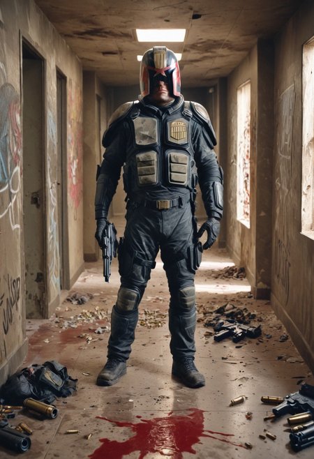 1 man,  judge dredd wearing helmet, shooting big gun in dirty apartment building hallway, scowling, full body, body armor, big gun, bullet casings, smoke, graffiti, trash on ground, bullet damage, blood on ground, bullet holes, fire, dynamic lighting, extreme high quality, gritty, jdgdrdd