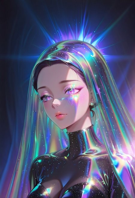 1girl, solo, portrait, holographic iridescent veil that flows around the figure, iridescent highlights, glowing details:, light makeup, glitter over the face, dark detailed clothing, form-fitting clothing, dramatic lighting, iridescent light illuminating the figure, vivid colors, emotional atmosphere, close up,  textural_art, AR71B, fluorescent, AR71A, iridescent aesthetic