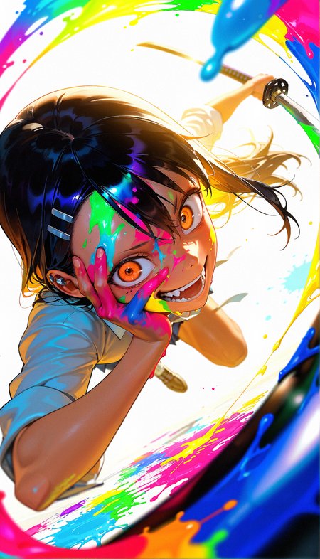 masterpiece, best quality, amazing quality, very aesthetic, absurdres,  newest, scenery,  1girl, Hayase Nagatoro, teeth, open mouth, blood on face, smile, black hair,  crazy eyes, holding katana, hand on own cheek, upper body, school uniform backlighting, from above, dutch angle, , close-up, photorealistic, dutch angle, (colorful), from above, (((paint splatter))),fisheye, , masterpiece, best quality, amazing quality, very aesthetic, absurdres,  newest, scenery, volumetric lighting