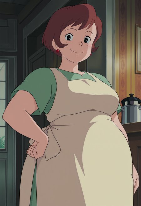 1girl,solo,mm,mature female,short hair,brown hair,black eyes,earrings,anime coloring,
dress,apron,cowboy shot, hand on own hip, looking at viewer, smile,indoors
,masterpiece,best quality,amazing quality,<lora:Osono-Kikis_Delivery_Service_ix:0.8>