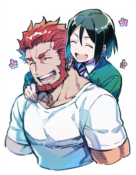 best quality,  amazing quality, amazing aesthetic, absurdres, (2boys:1.4), male focus, iskandar_(fate), waver_velvet, :d, Piggyback ride, simple background, yoisyo, <lora:yoisyo_male_pony:1>, animal, black eyes, black hair, blonde hair, closed eyes, closed mouth, cropped torso, earrings, flower, hair between eyes, jewelry, long sleeves, multicolored hair, multiple boys, open mouth, pink flower, rose, smile, upper body, white background