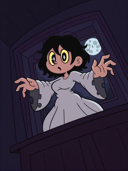 RetroXL, toon \(style\), flat color, black eyes,
1girl, ghost costume, messy hair, medium breasts, expressionless, open mouth, yellow eyes, hands up, baggy eyes,, dark room, dark theme, moon, window, courtains, webs on top, bright pupils, dynamic pose, dynamic angle, from below, dutch angle,
 <lora:RetroToonXL_Style-10-IL:1>