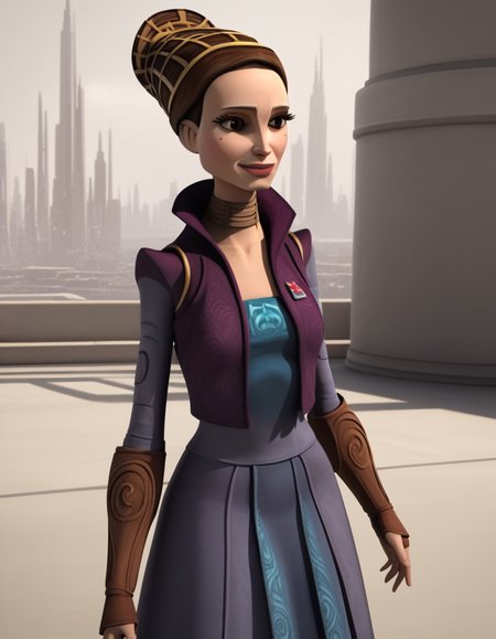 score_9, score_8_up, score_7_up, source_anime,
<lora:clonewars-padme-amidala-s3-ponyxl-lora-nochekaiser:1>, padme amidala, brown hair, brown eyes, realistic, mole, mole under eye, long hair, lips, 3d,
skirt, long sleeves, jacket, hair bun, single hair bun, long skirt, purple jacket,
outdoors, smile,
looking at viewer, cowboy shot, dutch angle, solo,