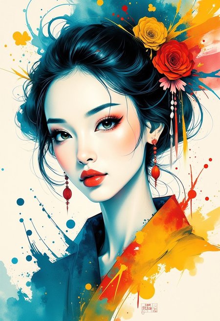swirls of ink, blue, red, yellow, green, coalescing and mixing into an image of a beautiful oriental woman