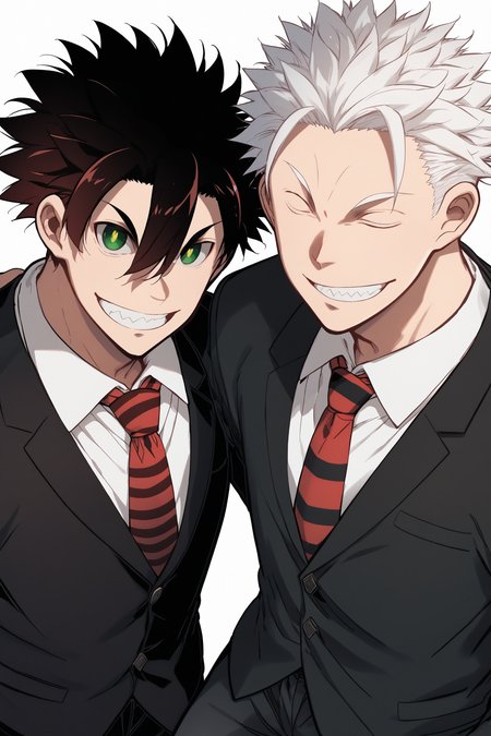 score_7_up, multiple boys, smile, shirt, necktie, black hair, pants, white hair, jacket,  closed eyes, grin, collared shirt, white shirt, spiked hair, short hair, teeth, male focus, long sleeves, formal, looking at viewer, suit, white background, open mouth, hair between eyes, brown hair, buttons, green eyes, black pants, black jacket, ^_^,   red hair, closed mouth
,  <lora:Fukuda_Hiroshi_PonyXL_dim40:1>
