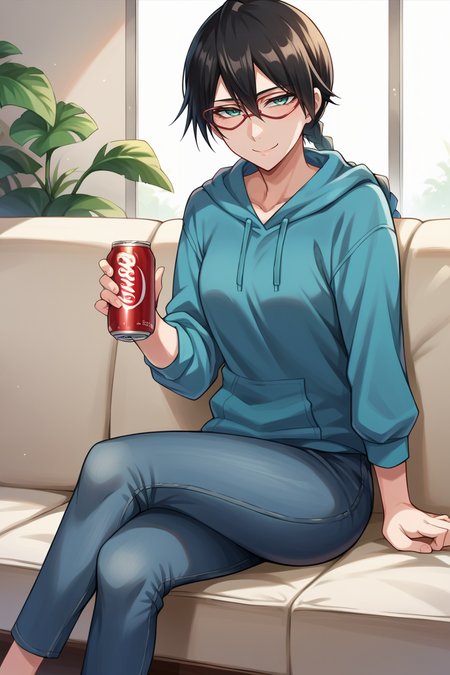 score_9, score_8_up, score_7_up, score_6_up, source_anime BREAK 1girl, solo <lora:yadoumarulisa-pdxl-nvwls-v1-000005:1> yadoumarulisa, black hair, aqua eyes, single braid, glasses, blue hoodie, jeans, crossed legs, holding soda can, couch, sitting on couch, living room, smile, tired