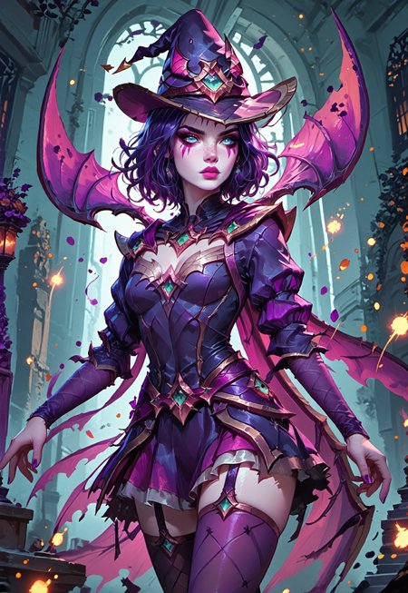 ((zPDXL3)), ((masterpiece,best quality, highly detailed)), ((score_9)), score_8_up, score_7_up, score_6_up, score_5_up, score_4_up, Digital painting style, brushstrokes, ((EnhanceImage)), solo, 1girl, LeBlancBXL, white skin, colored skin, makeup, blue eyes, purple hair, multicolored hair, short hair, witch hat, medium breasts, cape wings, cleavage, purple dress, detaches sleeves, purple sleeves, purple skirt, purple thighhighs, purple high heels, Expressiveh, 30yo, adult lustful confident woman, petite, slender body, perky saggy natural breasts, full lips, bangs, sidelocks, straps,
chinese magical sorceress, animated, swirling magic, wisps of magic, dancing pose, tight squeezed outfit, magical accessories, evoking motion, conveying motion, dynamic splash art, 
<lora:PainterlyFantasiaPDXL:0.6>,