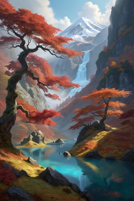 Japanese maple gorge where autumn fires cascade down volcanic slopes, frozen lake,  midday,weather misty on the bed cinematic view, epic sky, detailed, concept art, medium angle, high detail, warm lighting, volumetric, godrays, vivid, beautiful, trending on artstation, by jordan grimmer, huge scene, grass,flower, art greg rutkowski,